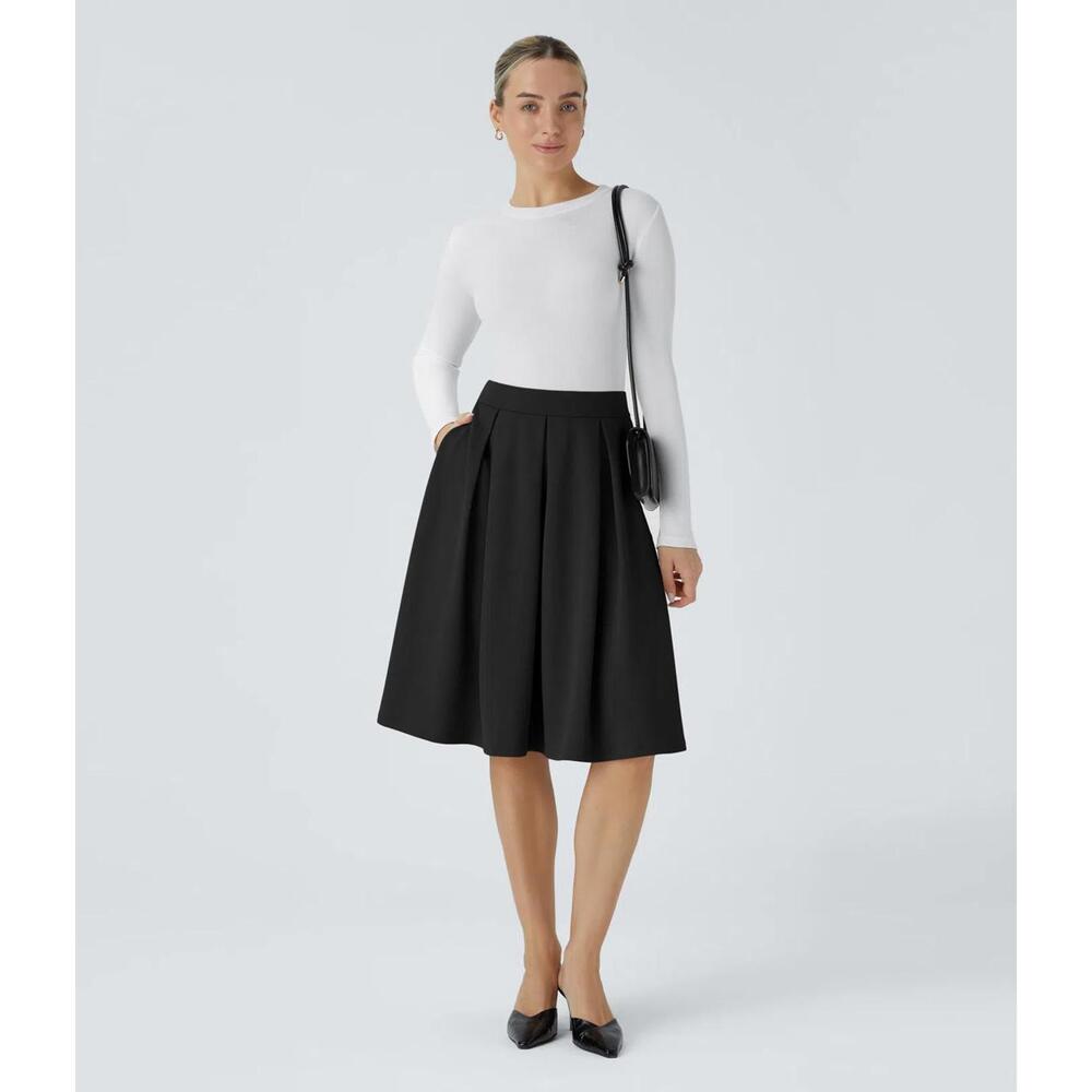 NWT Halara High Waisted Pocket Pleated Crepe Midi Work Skirt Black M - Picture 7 of 10